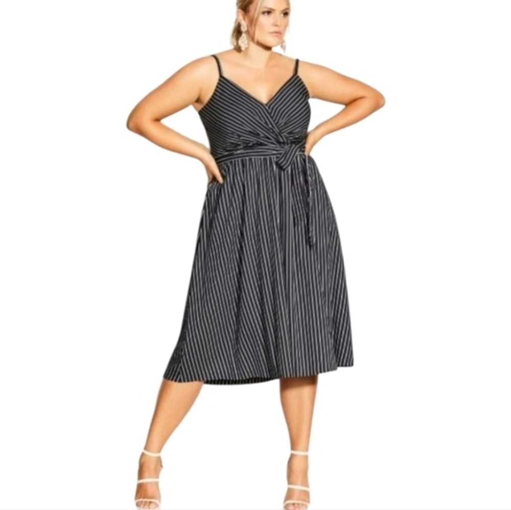 City Chic Elegant Stripe Black and White Women's Midi Self Tie Dress Plus 20 New